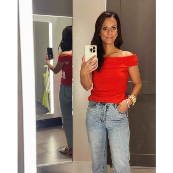 Women's Slim Fit Short Sleeve Off the Shoulder Top - A New Day™ Red L new - Picture 6 of 9